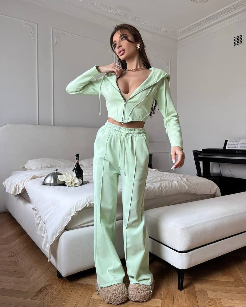 European And American Leisure Women's Suit Solid Color Long Sleeve - Blue&Pink