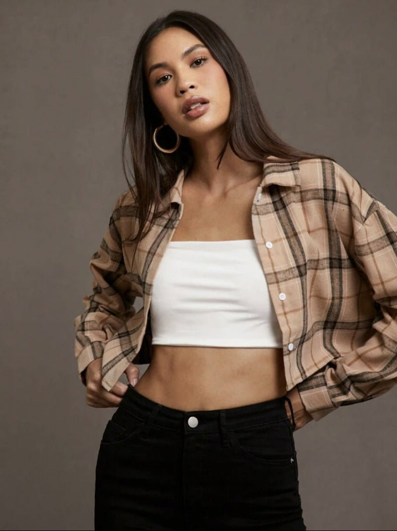 European And American Women's Clothing Short Long Sleeve Plaid Cropped Hot Girl Lapel Shirt - Blue&Pink