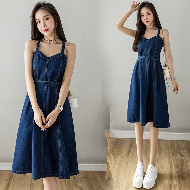 Summer Plus Size Waist Trimming Denim Suspender Skirt - Blue&Pink