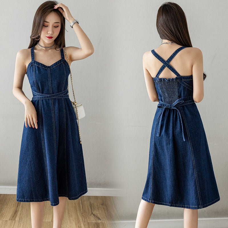 Summer Plus Size Waist Trimming Denim Suspender Skirt - Blue&Pink
