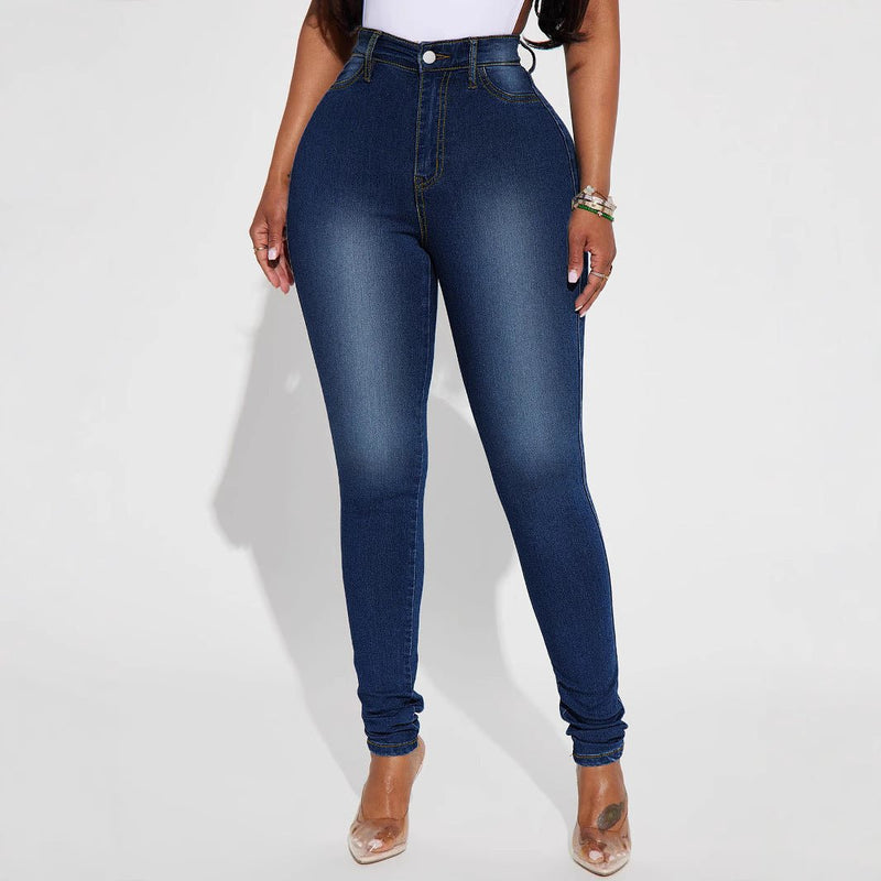 Women's High Waist Slim - fit Pure Elastic Slimming Jeans - Blue&Pink