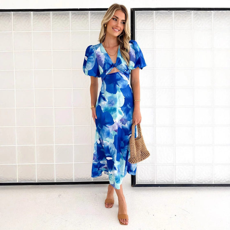 Vestido Longo Estampado com Decote em V Leveza - Blue&Pink