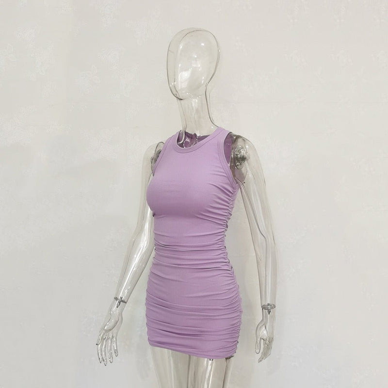 Women's Cotton Pleated Ribbed Dress - Blue&Pink