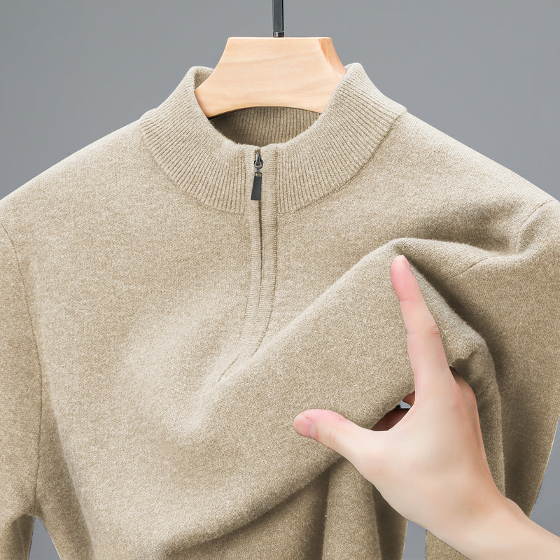 Men's Half - high Collar Zipper Sweater Middle - aged Men's Thickened Keep Warm Pure Color Sweater - Blue&Pink