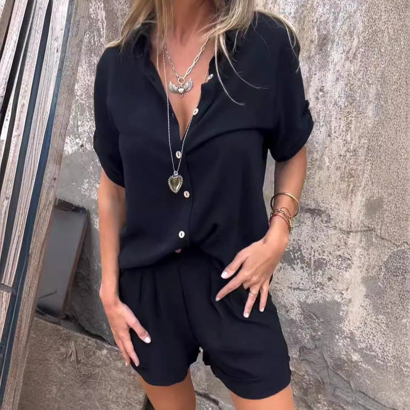 Short - sleeved Suits Fashion Lapel Button Shirt Top And Pocket Shorts Women's Clothing - Blue&Pink