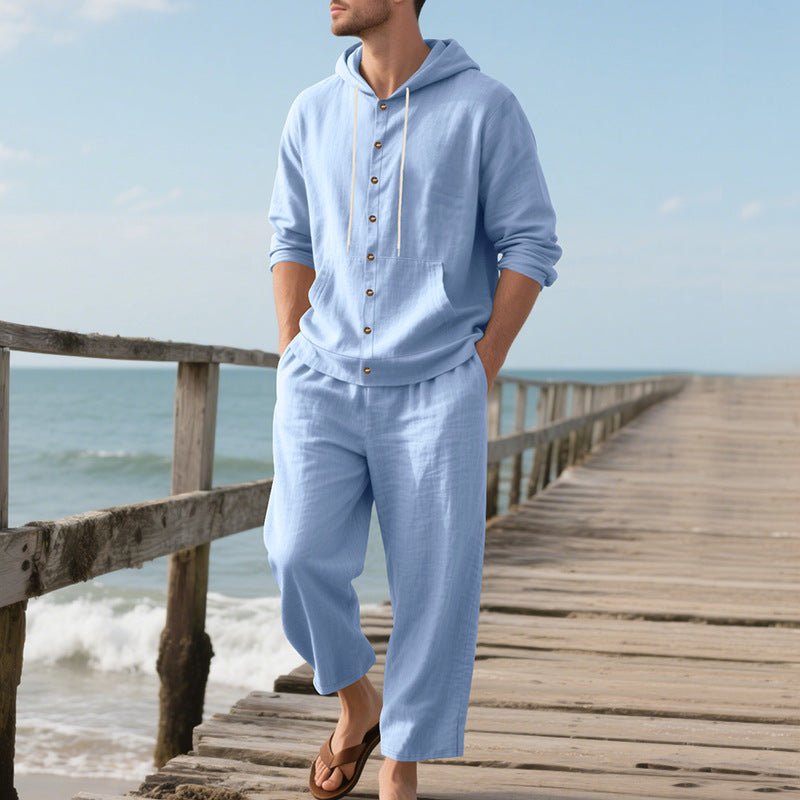 Hooded Long - sleeved Shirt Trousers Casual Suit Men - Blue&Pink