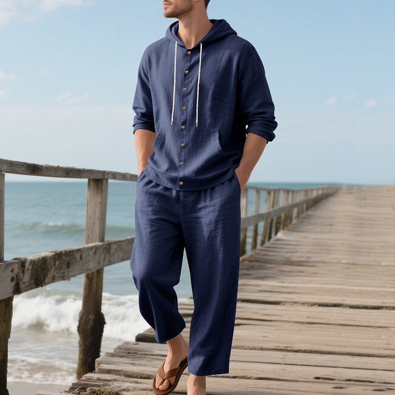 Hooded Long - sleeved Shirt Trousers Casual Suit Men - Blue&Pink