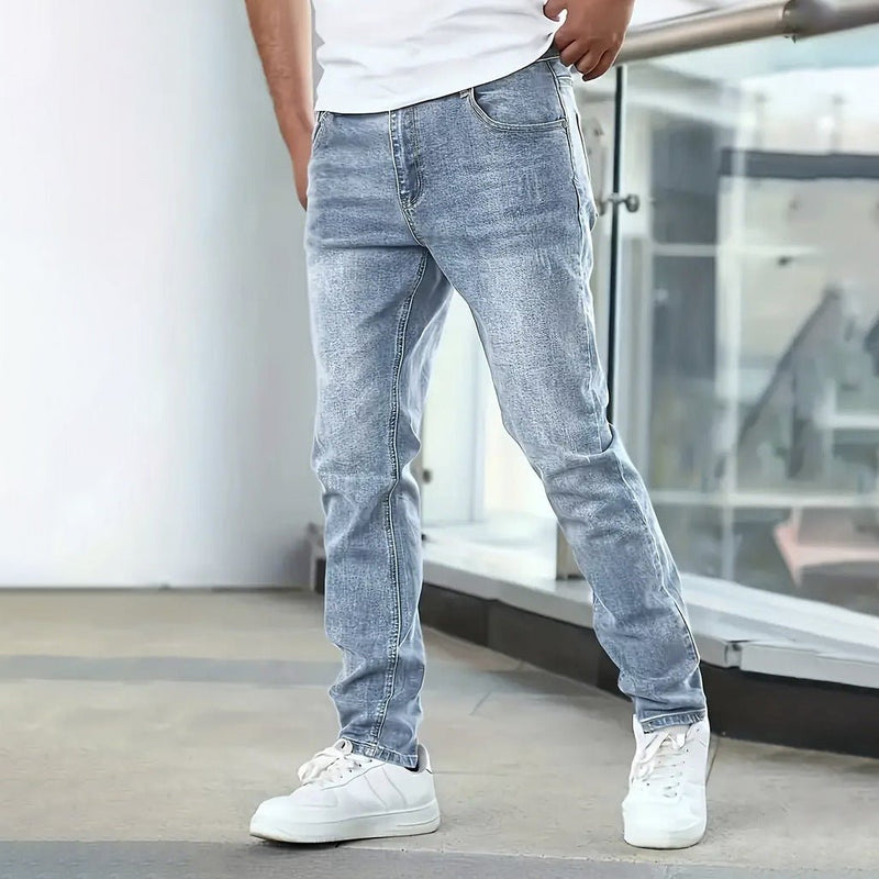 Stretch Men's Casual Solid Color Jeans - Blue&Pink