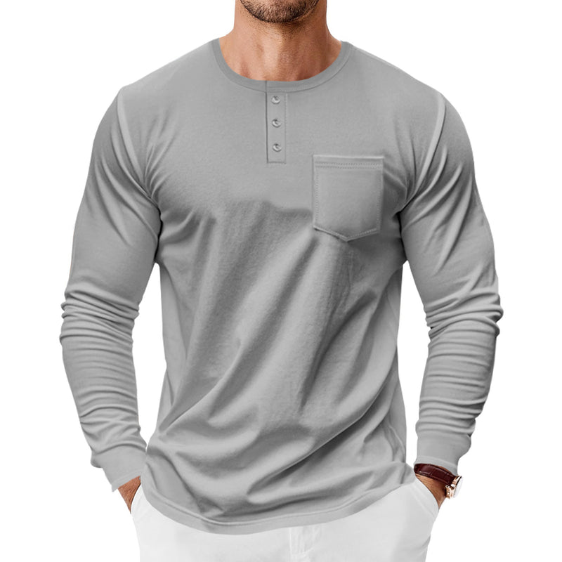 Men's Spring And Autumn Henley Shirt Long Sleeve - Blue&Pink