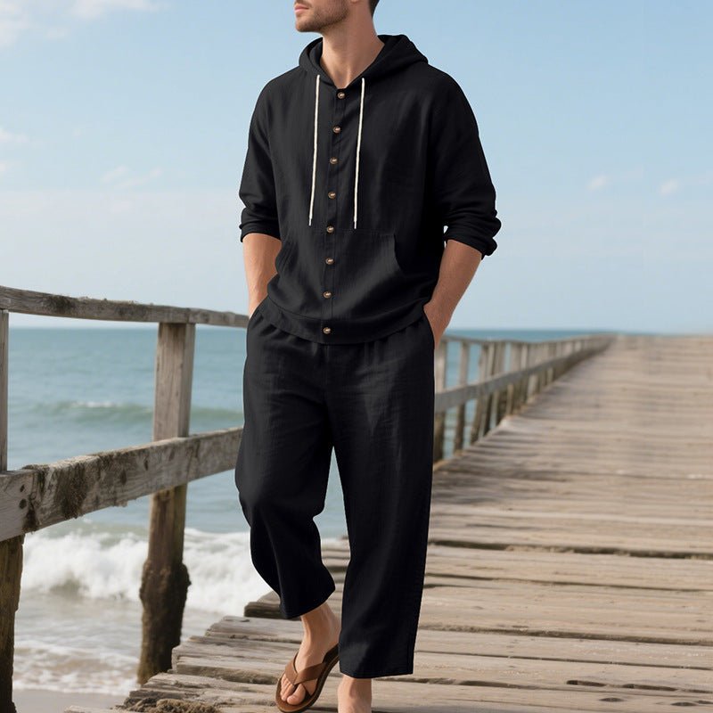 Hooded Long - sleeved Shirt Trousers Casual Suit Men - Blue&Pink