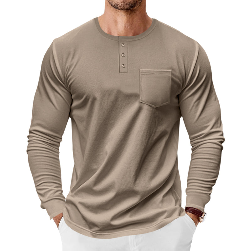 Men's Spring And Autumn Henley Shirt Long Sleeve - Blue&Pink