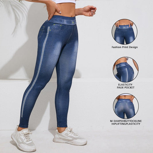 Retro High Elastic Tights Hip Lifting Yoga Trousers - Blue&Pink
