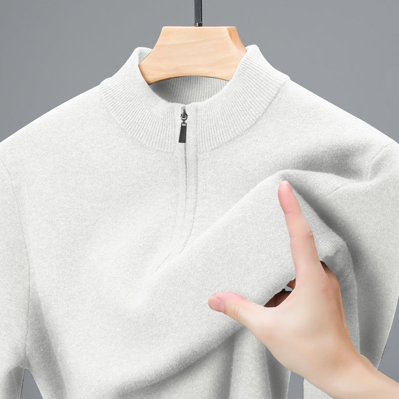 Men's Half - high Collar Zipper Sweater Middle - aged Men's Thickened Keep Warm Pure Color Sweater - Blue&Pink