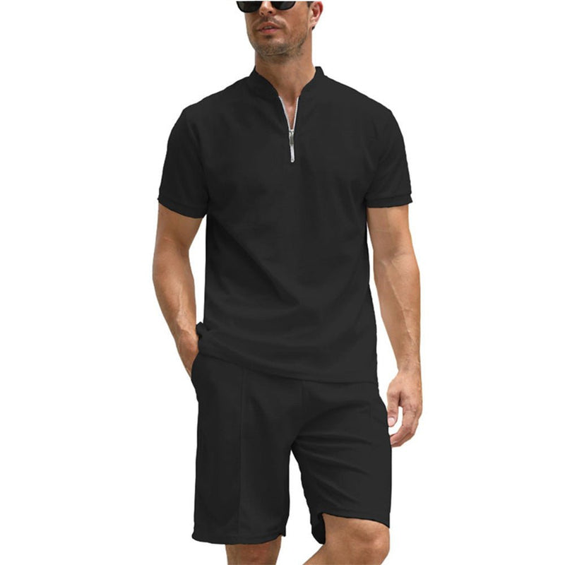 Men's Solid Color Polo Shirt Suit Short Sleeve Two - piece Set - Blue&Pink