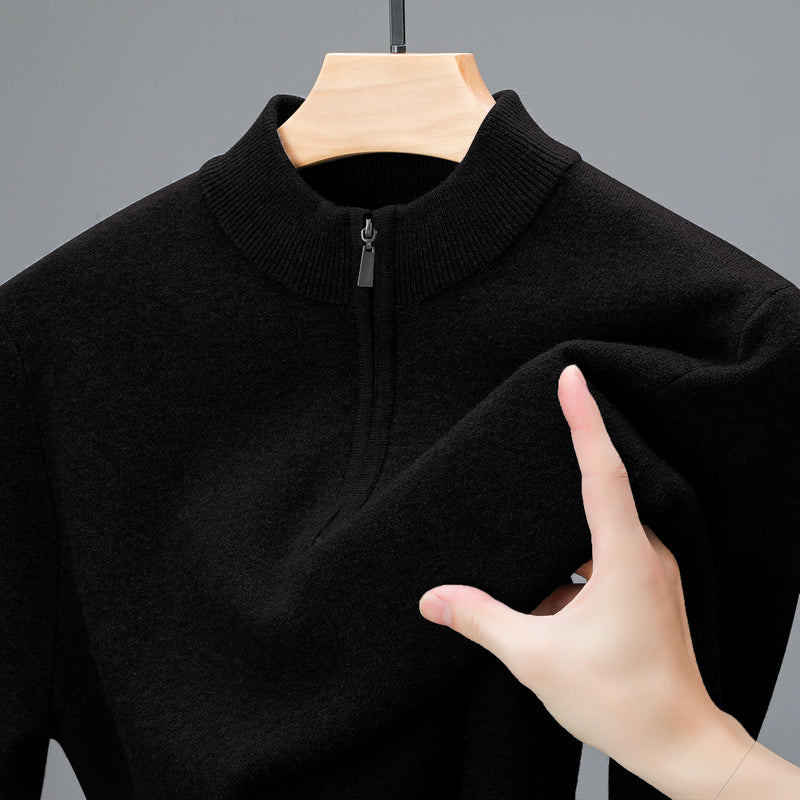 Men's Half - high Collar Zipper Sweater Middle - aged Men's Thickened Keep Warm Pure Color Sweater - Blue&Pink