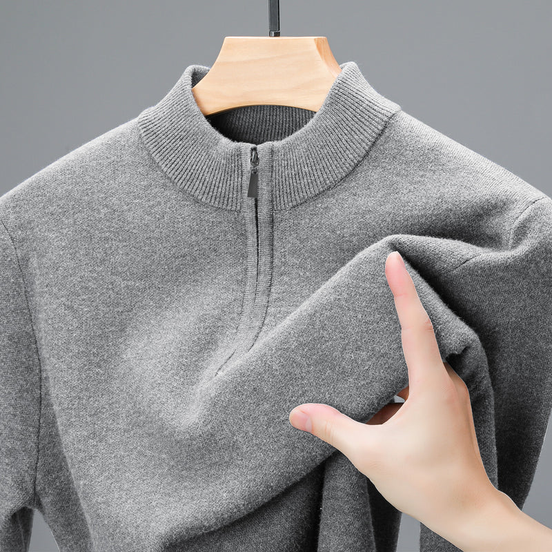 Men's Half - high Collar Zipper Sweater Middle - aged Men's Thickened Keep Warm Pure Color Sweater - Blue&Pink