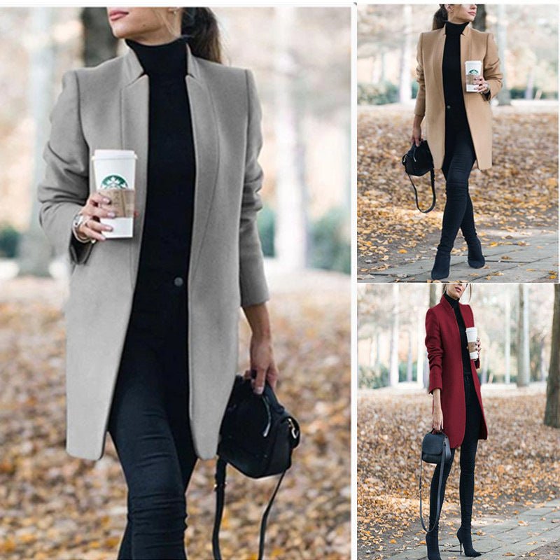 Autumn And Winter New Fashion Stand Collar Women's Woolen Coat - Blue&Pink
