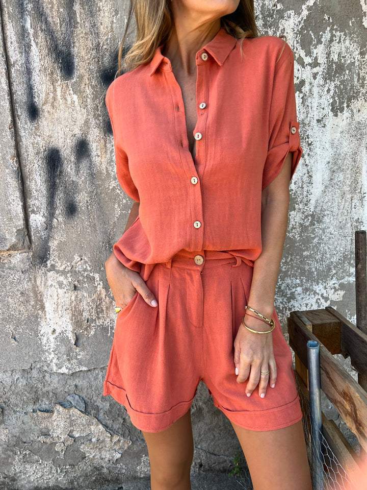 Short - sleeved Suits Fashion Lapel Button Shirt Top And Pocket Shorts Women's Clothing - Blue&Pink