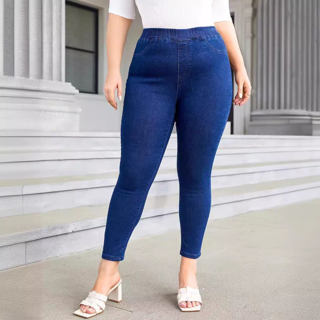 Plus Size Denim Elastic Waist Cropped Skinny Pants Elastic - Blue&Pink