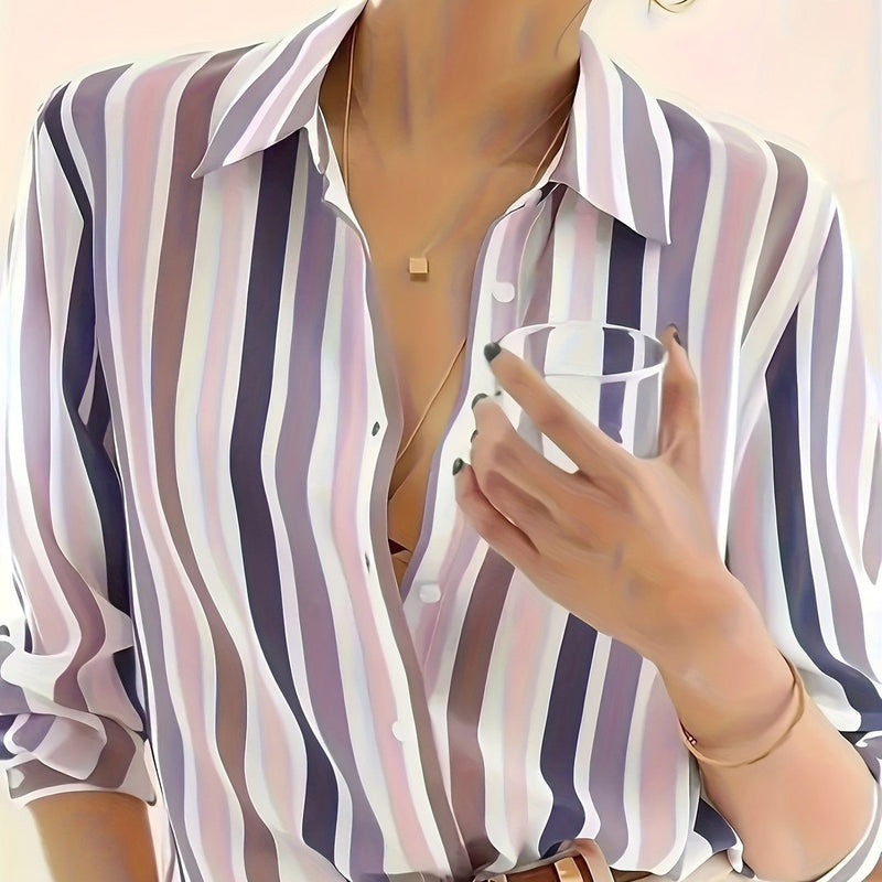 Camisa Feminina com Riscas e Design Color Block Sofisticado - Blue&Pink