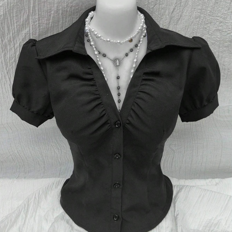 Camisa Justa com Decote em V e Pregas Sedutoras - Blue&Pink