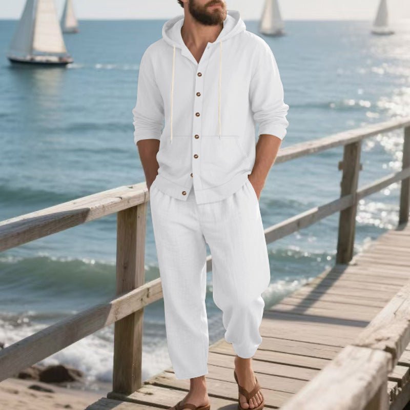 Hooded Long - sleeved Shirt Trousers Casual Suit Men - Blue&Pink