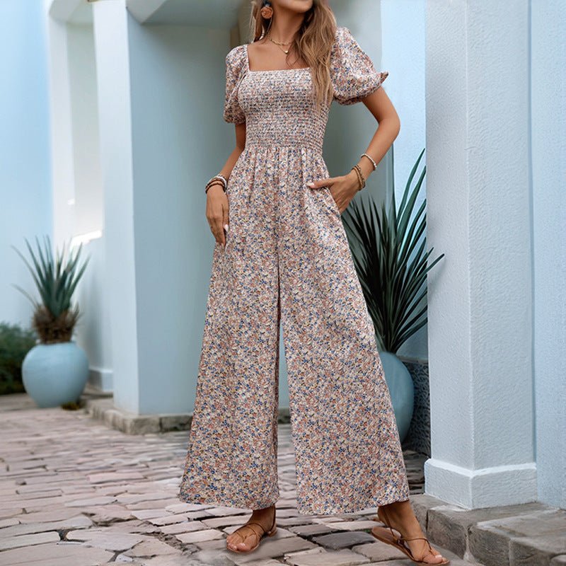 Square Collar Puff Sleeve Vacation Style Floral Jumpsuit - Blue&Pink