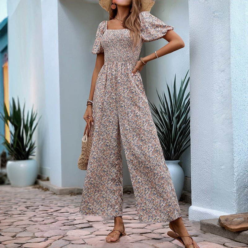 Square Collar Puff Sleeve Vacation Style Floral Jumpsuit - Blue&Pink