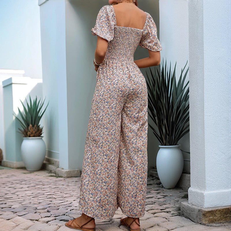Square Collar Puff Sleeve Vacation Style Floral Jumpsuit - Blue&Pink