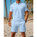 Men's Summer Casual Sports All - matching Slim Fit Short - sleeved Polo Shirt Shorts - Blue&Pink