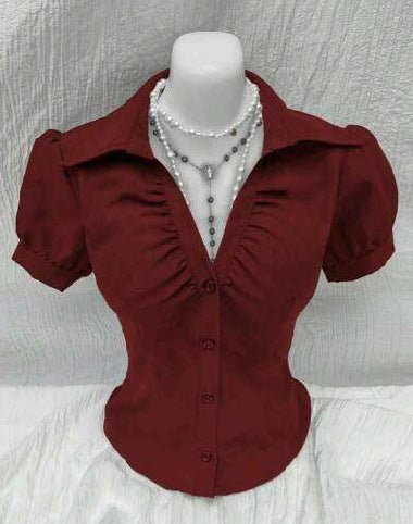 Camisa Justa com Decote em V e Pregas Sedutoras - Blue&Pink