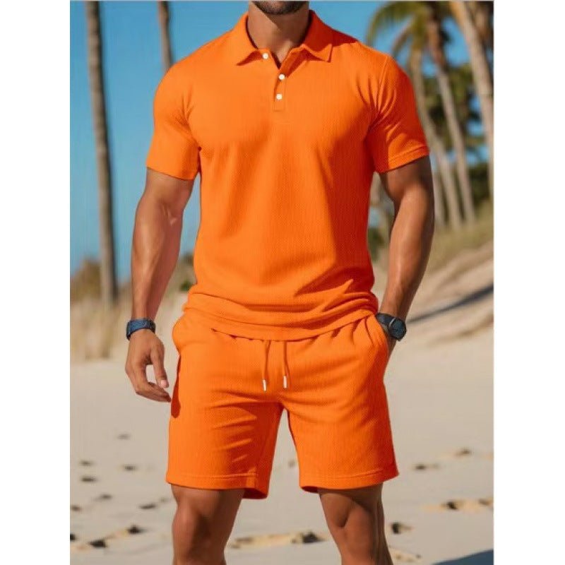Men's Summer Casual Sports All - matching Slim Fit Short - sleeved Polo Shirt Shorts - Blue&Pink