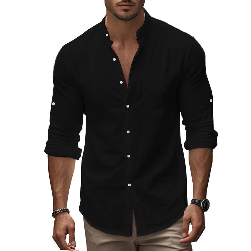 Men's Long Sleeve Standing Collar Slim Fit Casual Cotton Shirt - Blue&Pink