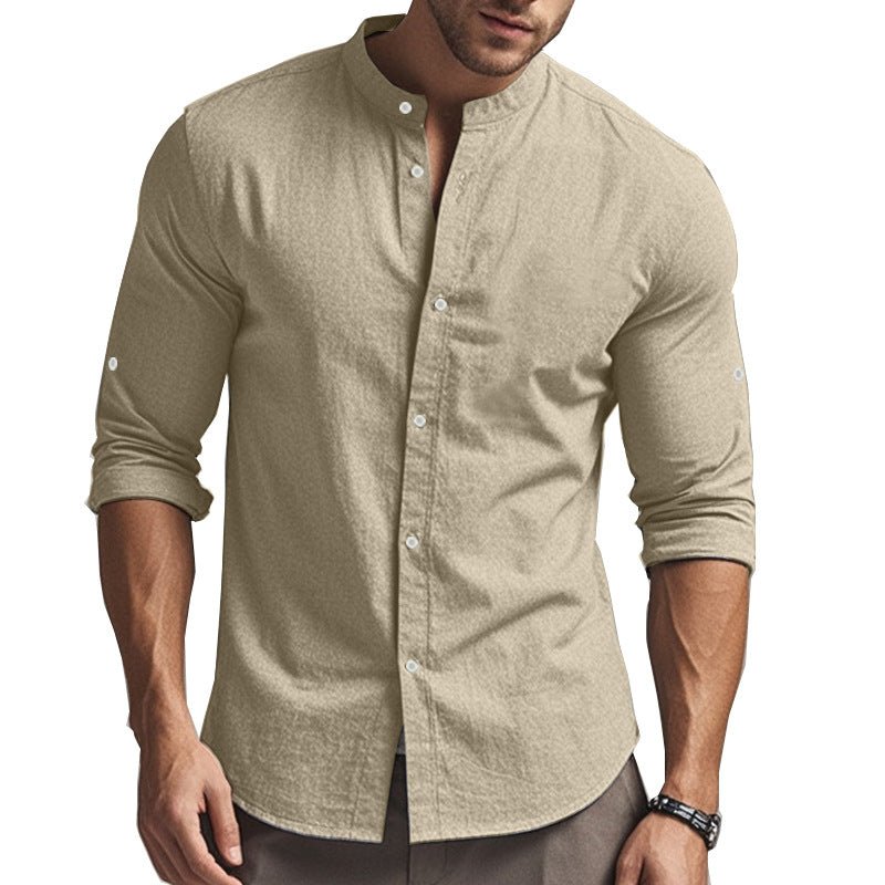 Men's Long Sleeve Standing Collar Slim Fit Casual Cotton Shirt - Blue&Pink