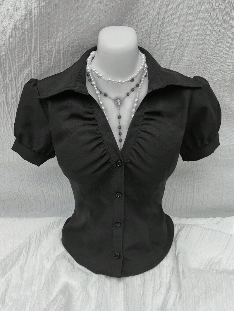 Camisa Justa com Decote em V e Pregas Sedutoras - Blue&Pink