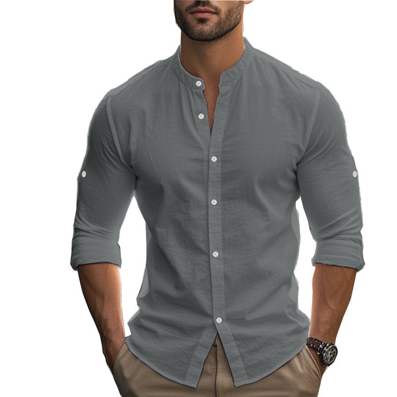 Men's Long Sleeve Standing Collar Slim Fit Casual Cotton Shirt - Blue&Pink