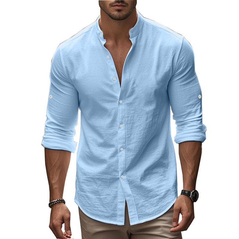 Men's Long Sleeve Standing Collar Slim Fit Casual Cotton Shirt - Blue&Pink