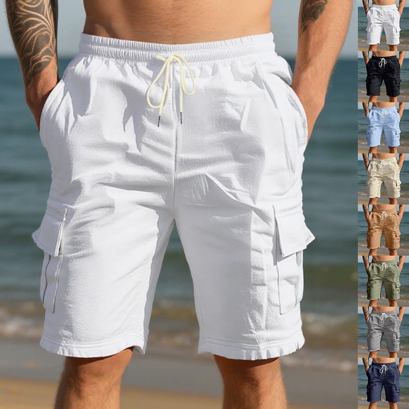 Men's Air - permeable Beachwear Linen Loose Multi - pocket Casual Shorts - Blue&Pink