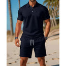 Men's Summer Casual Sports All - matching Slim Fit Short - sleeved Polo Shirt Shorts - Blue&Pink