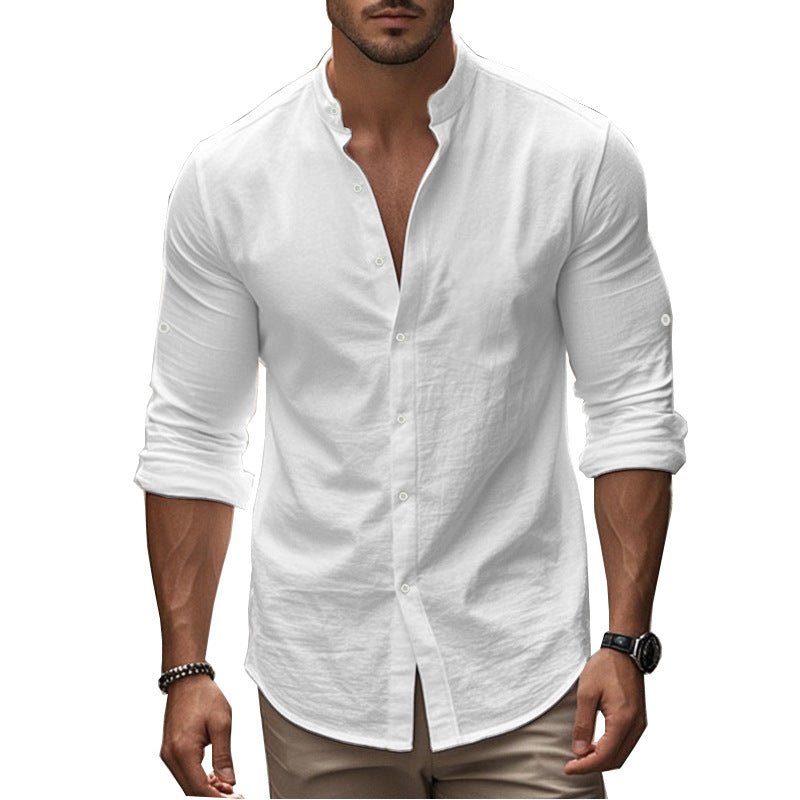 Men's Long Sleeve Standing Collar Slim Fit Casual Cotton Shirt - Blue&Pink