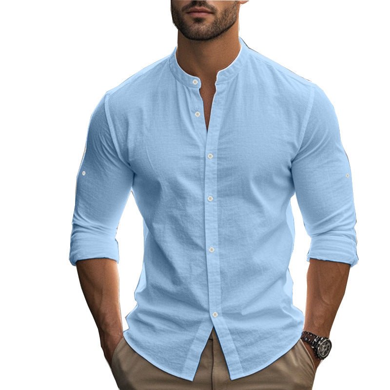Men's Long Sleeve Standing Collar Slim Fit Casual Cotton Shirt - Blue&Pink