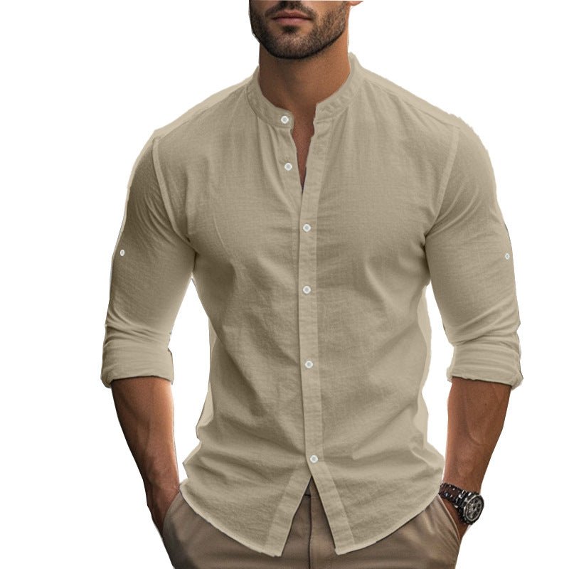 Men's Long Sleeve Standing Collar Slim Fit Casual Cotton Shirt - Blue&Pink