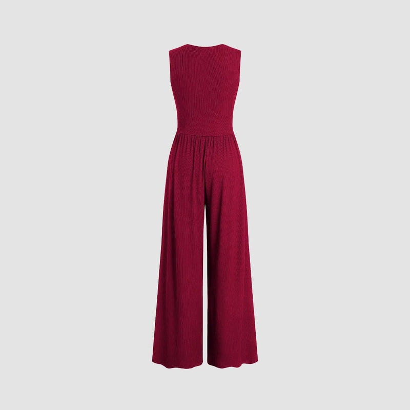 Women's Solid Color Loose Sleeveless Knitted Jumpsuit - Blue&Pink