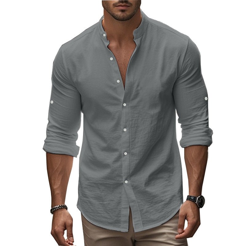 Men's Long Sleeve Standing Collar Slim Fit Casual Cotton Shirt - Blue&Pink