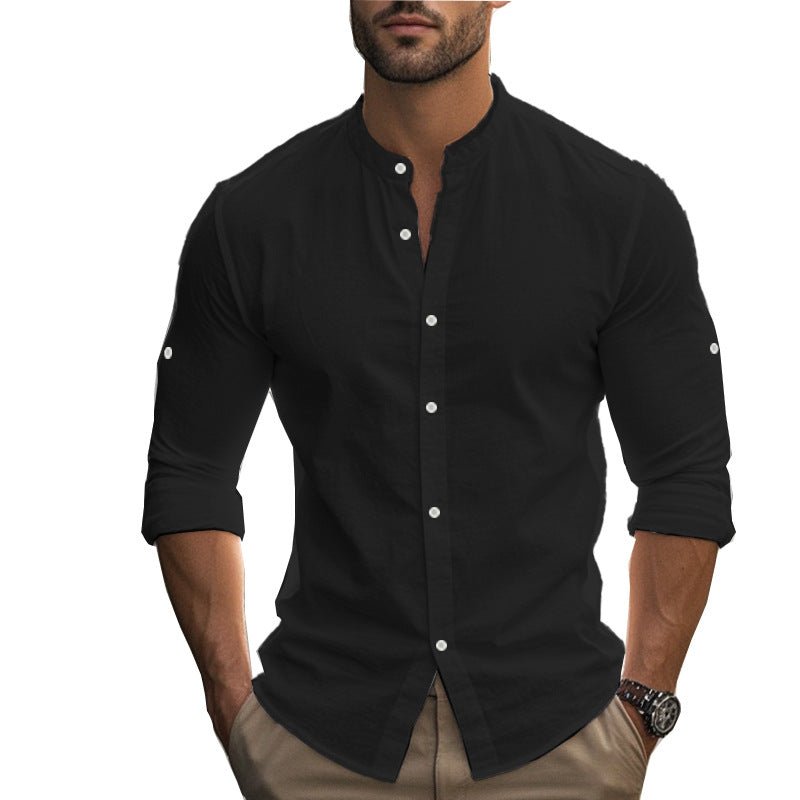 Men's Long Sleeve Standing Collar Slim Fit Casual Cotton Shirt - Blue&Pink