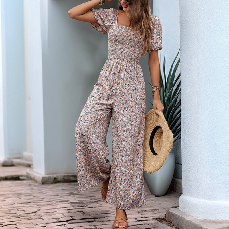 Square Collar Puff Sleeve Vacation Style Floral Jumpsuit - Blue&Pink