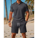 Men's Summer Casual Sports All - matching Slim Fit Short - sleeved Polo Shirt Shorts - Blue&Pink