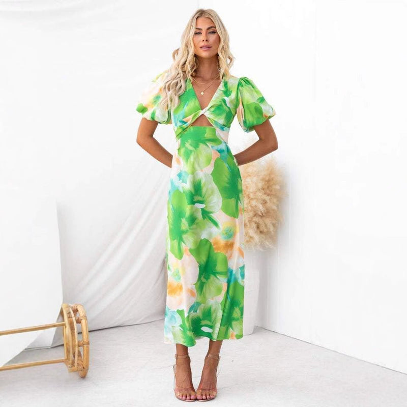 Vestido Longo Estampado com Decote em V Leveza - Blue&Pink