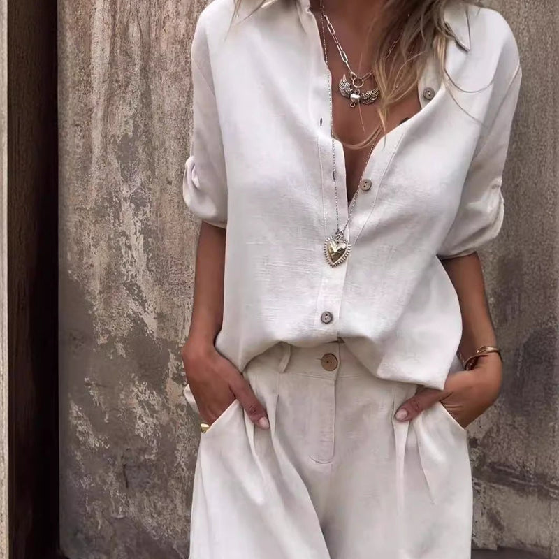 Short - sleeved Suits Fashion Lapel Button Shirt Top And Pocket Shorts Women's Clothing - Blue&Pink