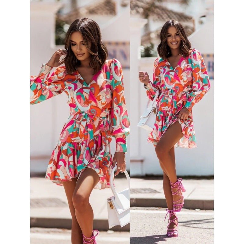 Long Sleeve V - neck Printed Waist - controlled Skirt Dress - Blue&Pink